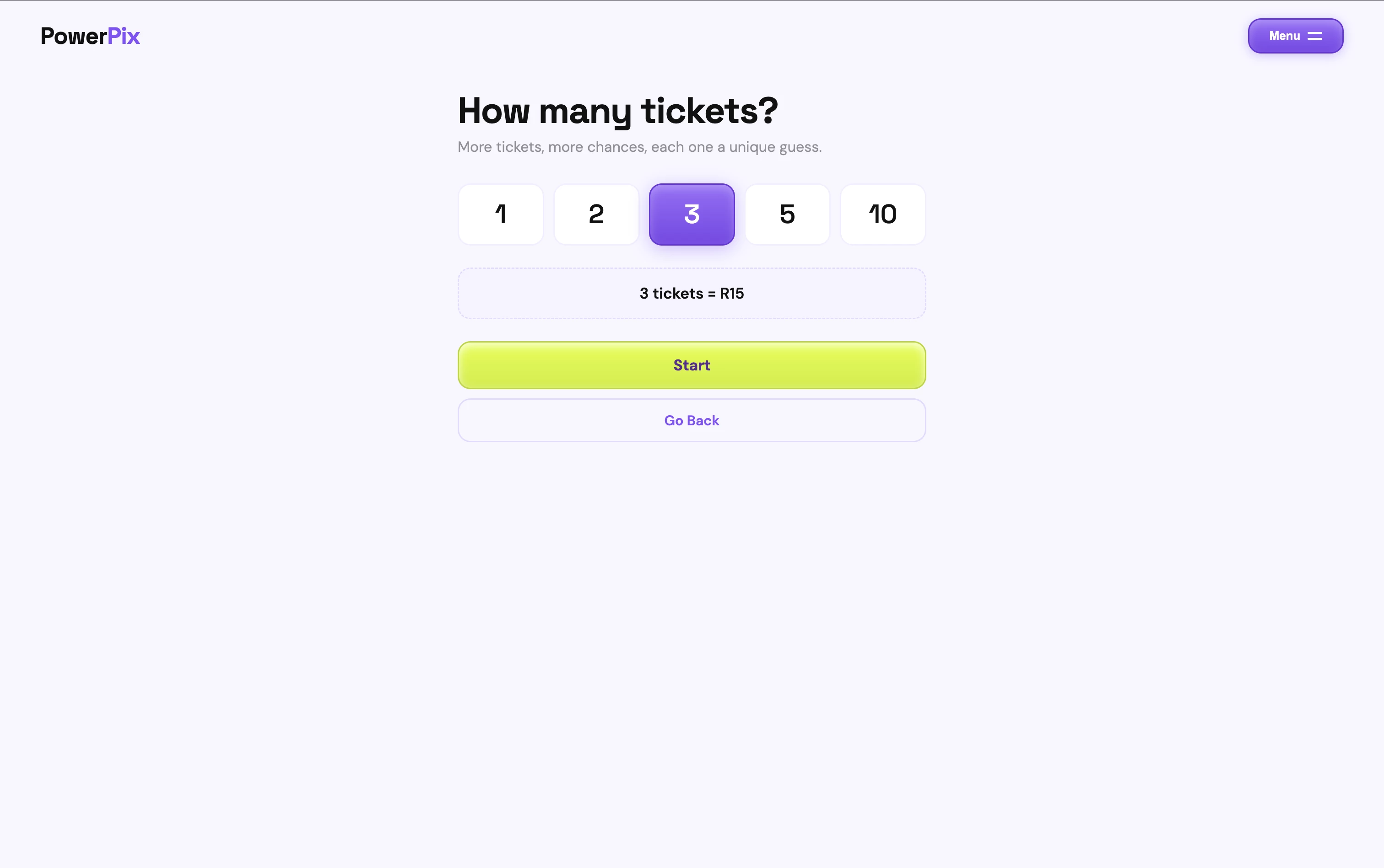 Ticket selection screen